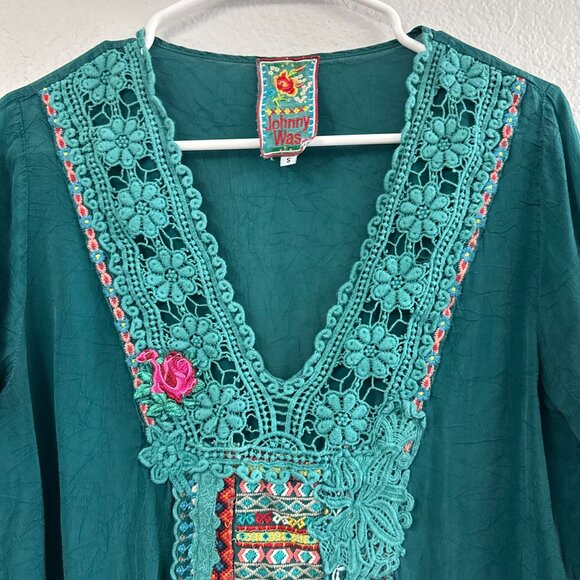Johnny Was Teal Rayon Embroidered Floral Lace Size Small Tunic Blouse Shirt - Picture 4 of 6